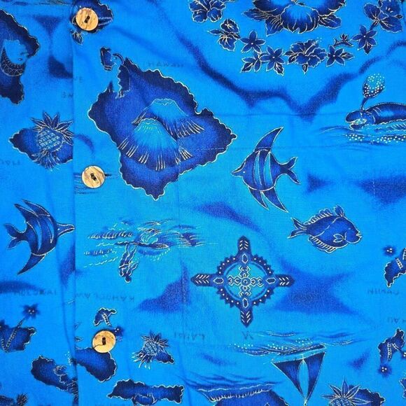 VINTAGE UI-MAIKAI COTTON HAWAIIAN SHIRT BLUE GOLD ISLANDS MENS SIZE MEDIUM - Picture 3 of 5